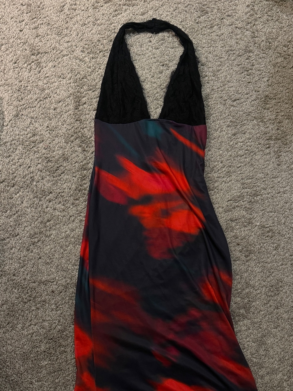Black & Red Floral Slip Dress with Lace Halter